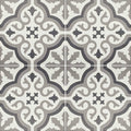 Abbey Waverley patterned ceramic tile with gray and white ornate floral and geometric designs for flooring use