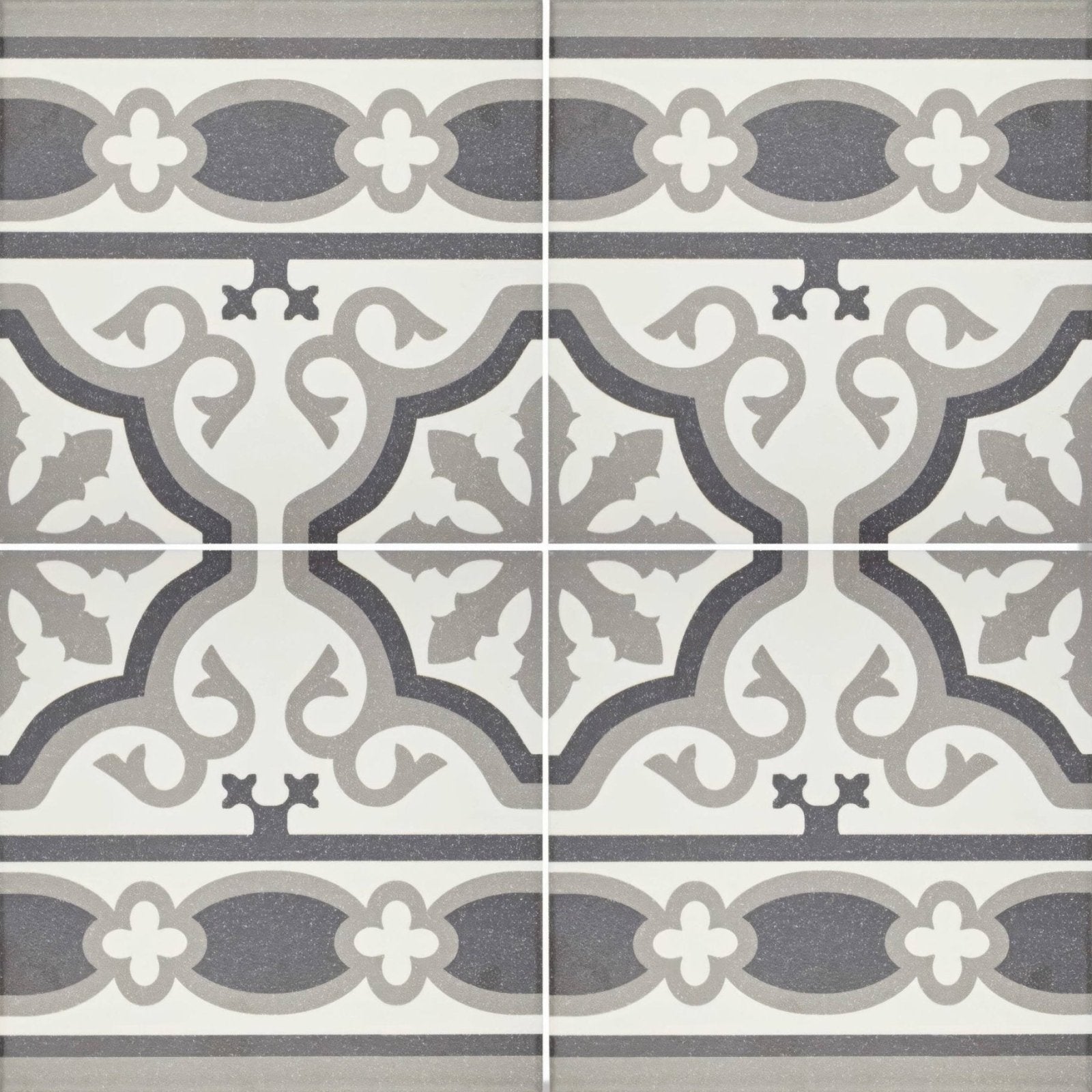 Gray and white patterned ceramic abbey waverley border tile with ornate vintage inspired design for flooring