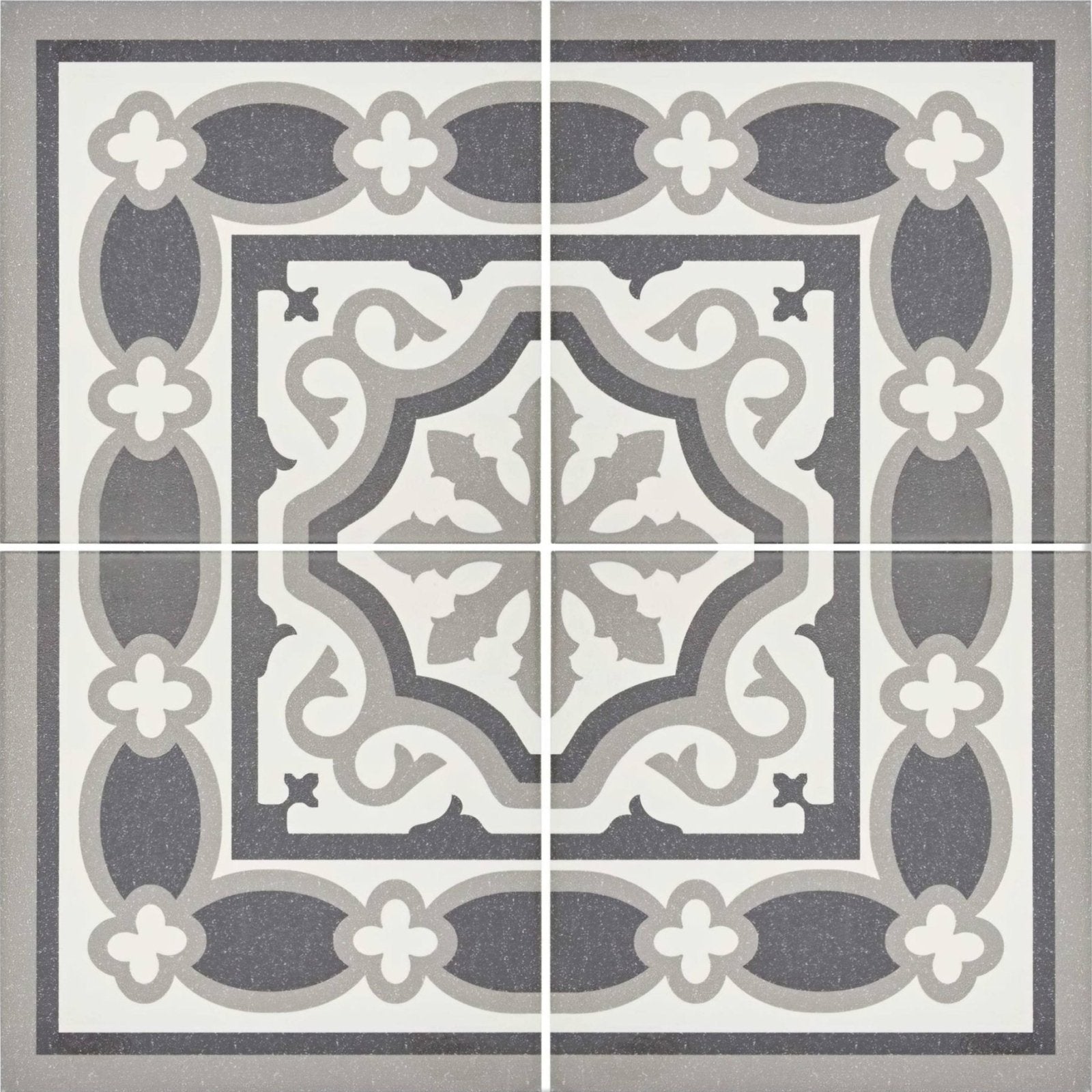 Abbey waverley corner tile featuring gray and white ornate vintage-inspired patterned floor tile design