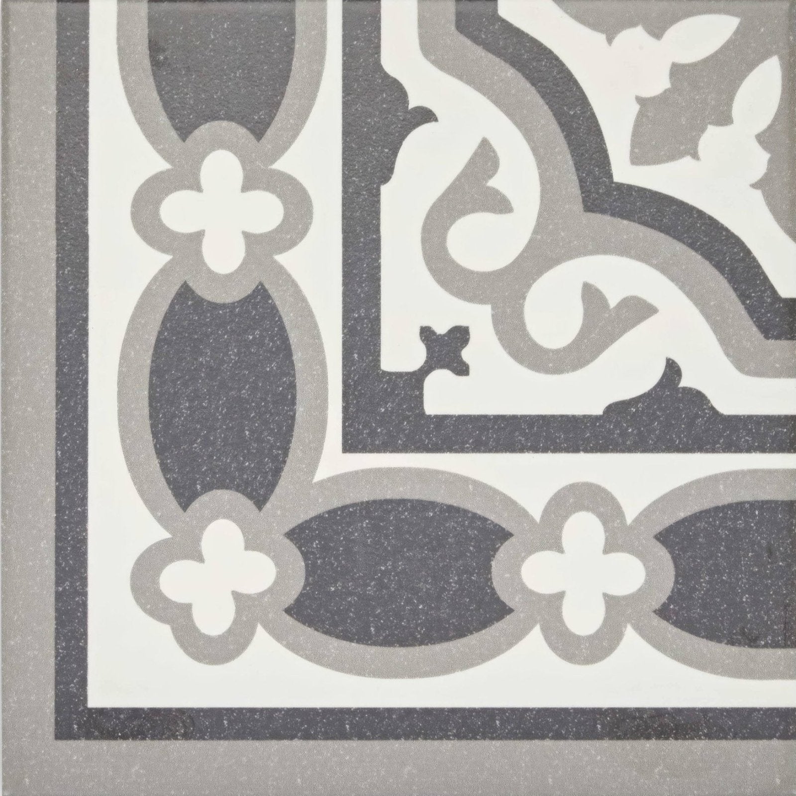 Gray and white ornate patterned ceramic abbey waverley corner tile with vintage floral motifs and scrollwork design