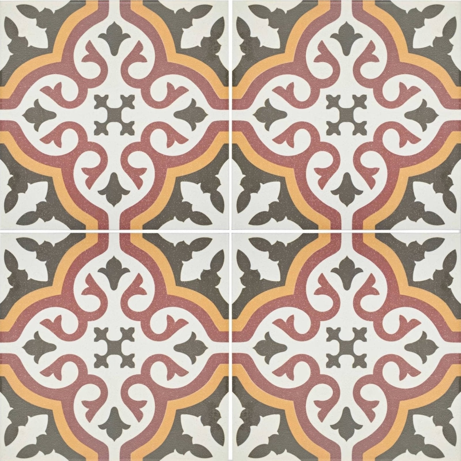 Abbey Whitby patterned ceramic floor tile with intricate floral and geometric designs in terracotta ochre gray and off-white