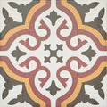 Abbey Whitby patterned tile featuring a square mosaic with maroon mustard yellow and dark gray swirls on white background
