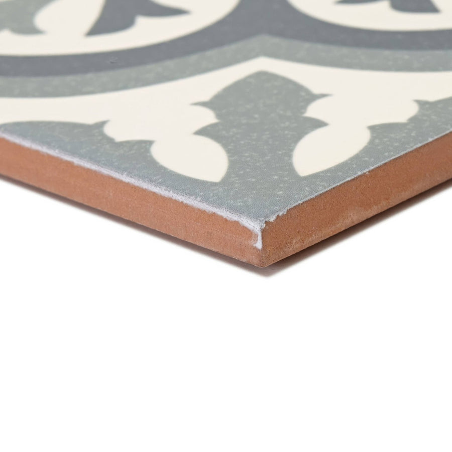 Abbey Wrightington patterned tile in gray and white ceramic with a rustic terracotta edge for decorative flooring