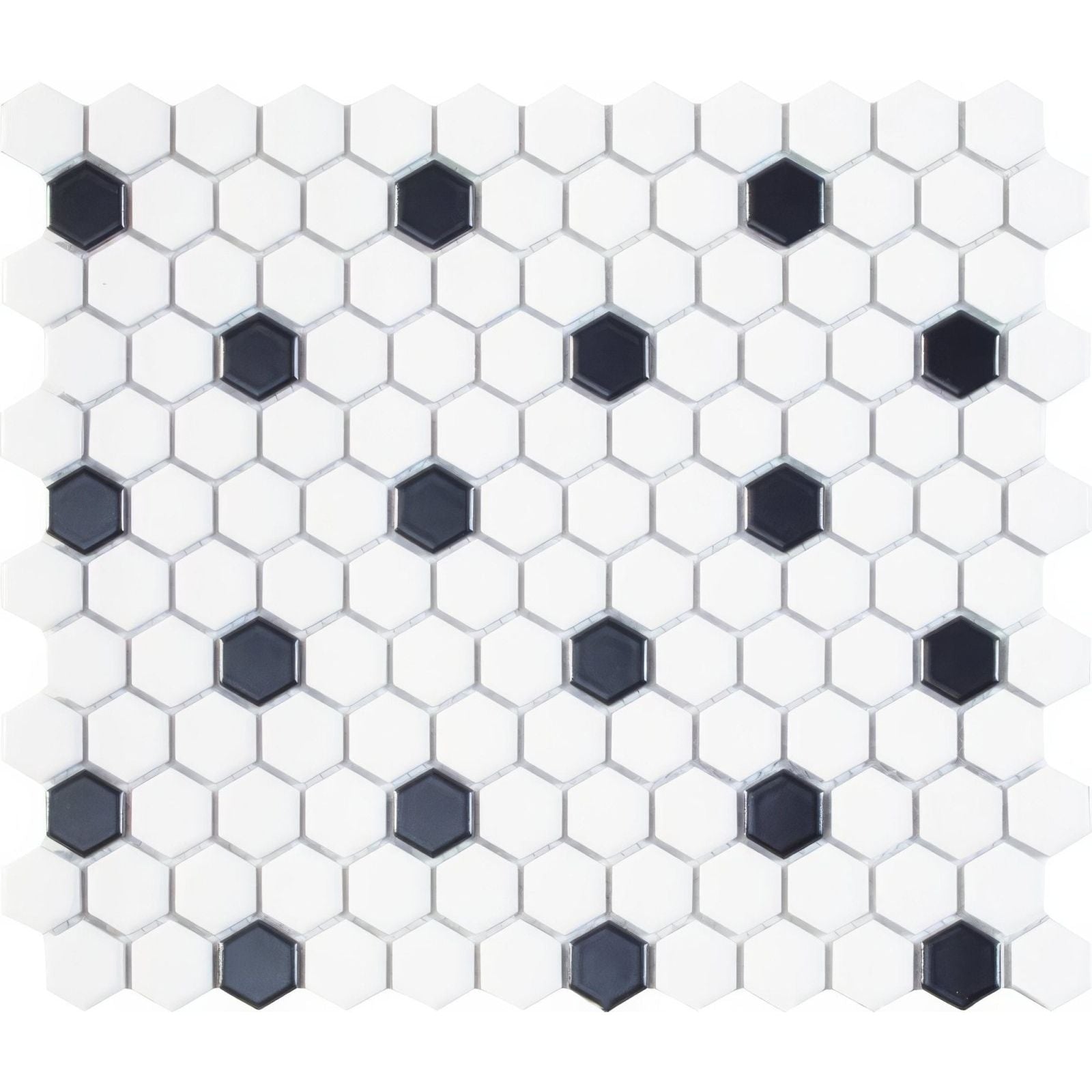 Abbot 26 x 30cm white and black hexagonal mosaic tile with glossy finish suitable for wall and floor surfaces