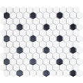 Abbot 26 x 30cm white and black hexagonal mosaic tile with glossy finish suitable for wall and floor surfaces
