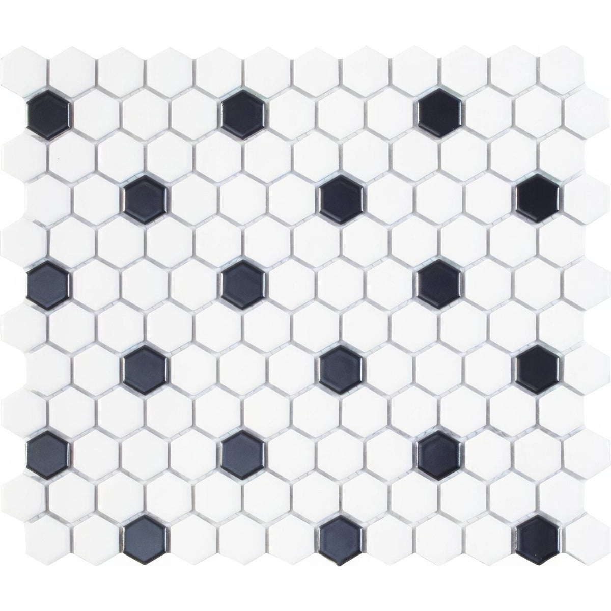 Abbot 26 x 30cm white and black hexagonal mosaic tile with glossy finish suitable for wall and floor surfaces