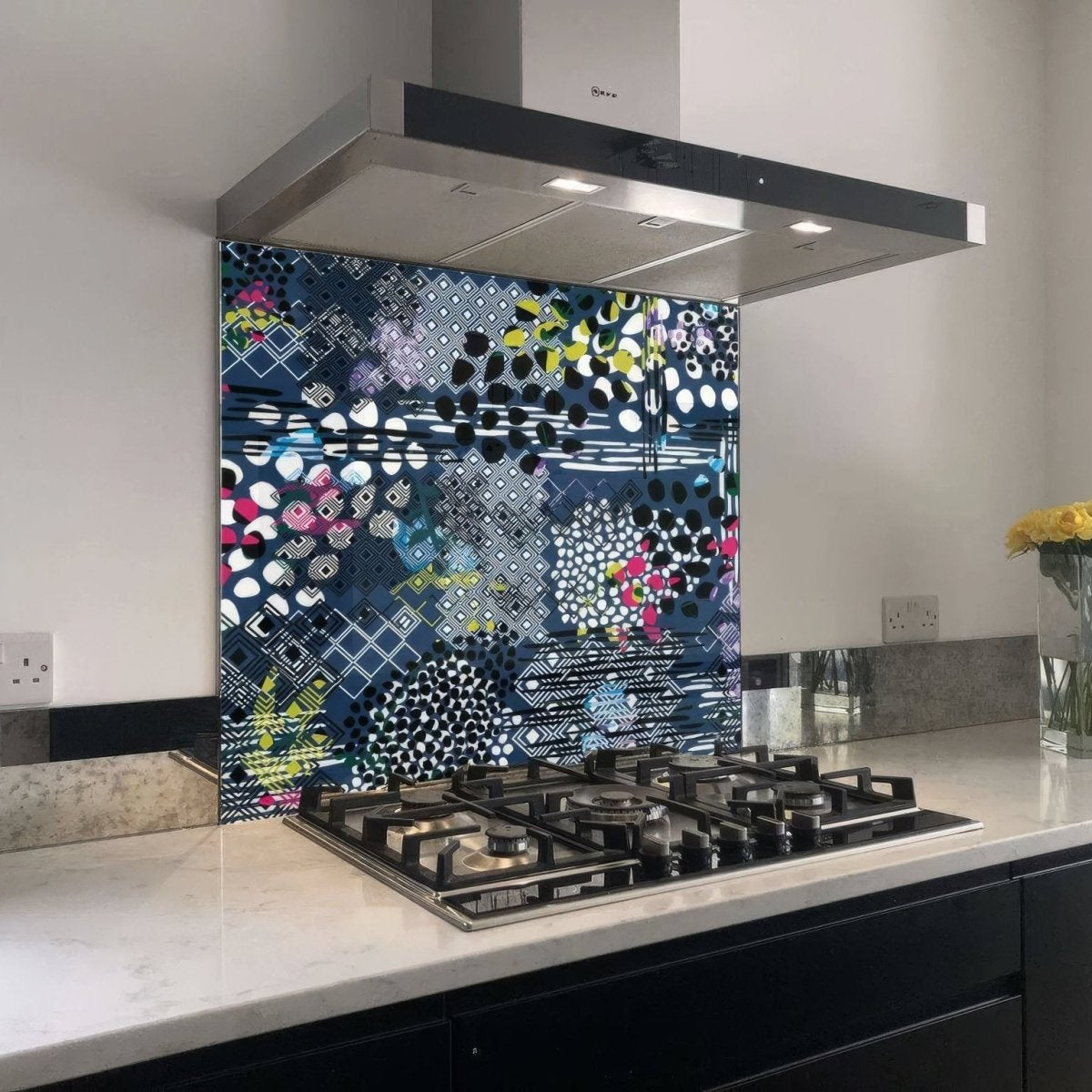Abstract pattern navy blue wall panel vibrant glass kitchen backsplash with bold geometric shapes and colorful motifs