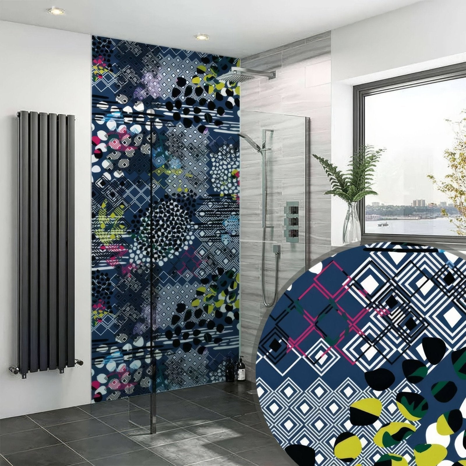 Vibrant abstract pattern navy blue shower wall panel with geometric shapes in black white pink and lime green