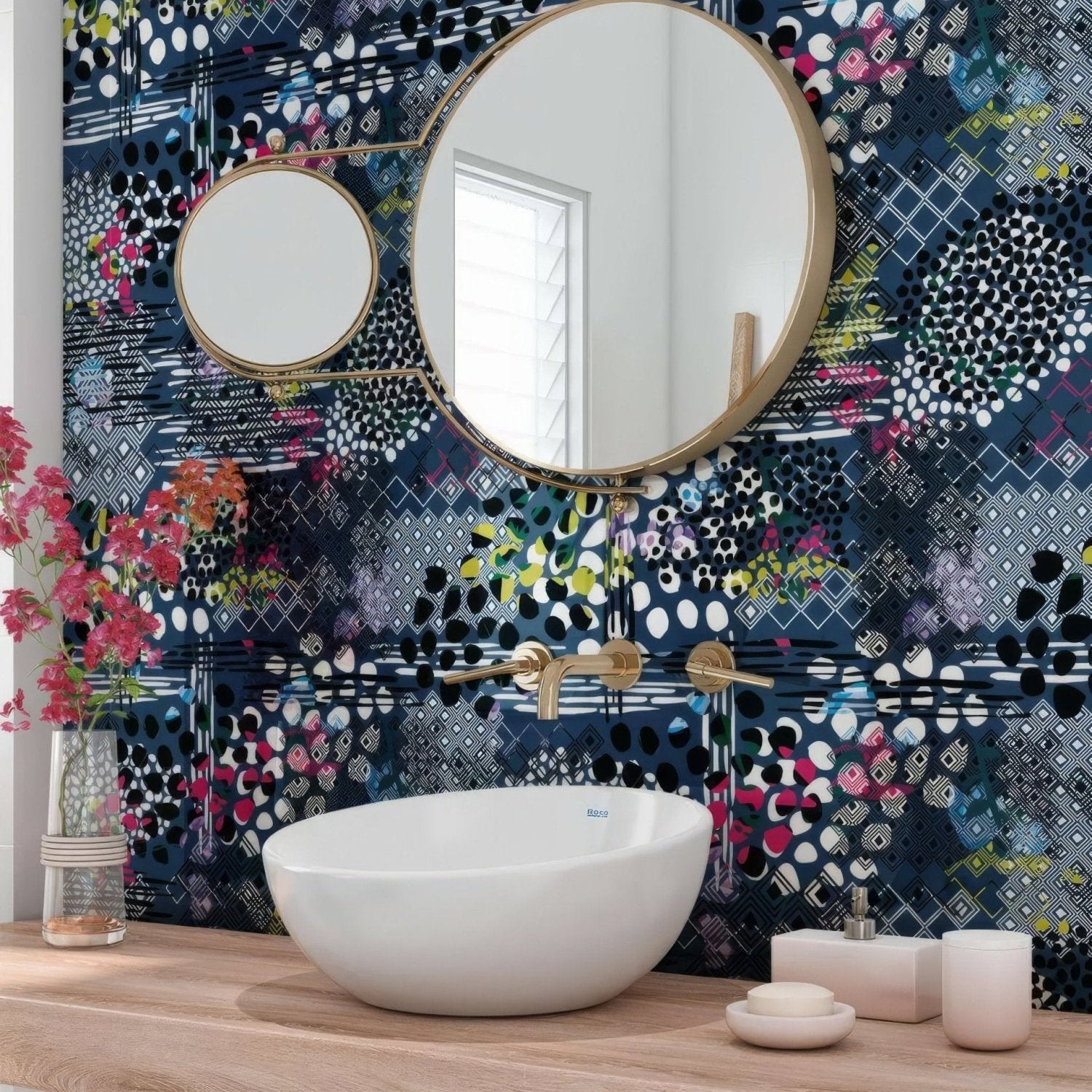 Abstract Pattern Navy Blue Wall Panel navy abstract patterned wall panel with a white bowl sink and gold tap