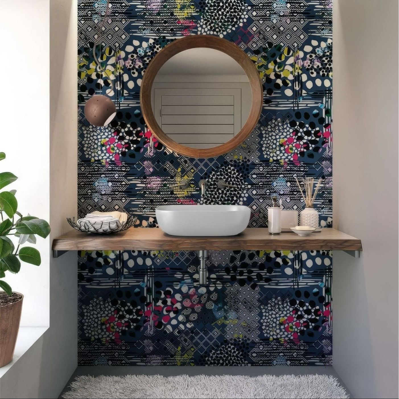 Abstract Pattern Navy Blue Wall Panel navy abstract patterned wall panel with a round mirror and vessel sink