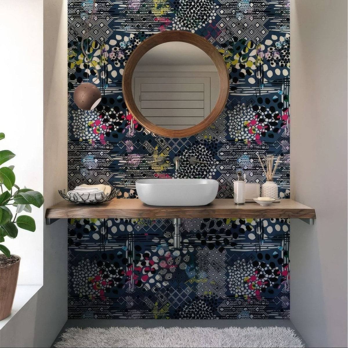 Abstract Pattern Navy Blue Wall Panel navy abstract patterned wall panel with a round mirror and vessel sink