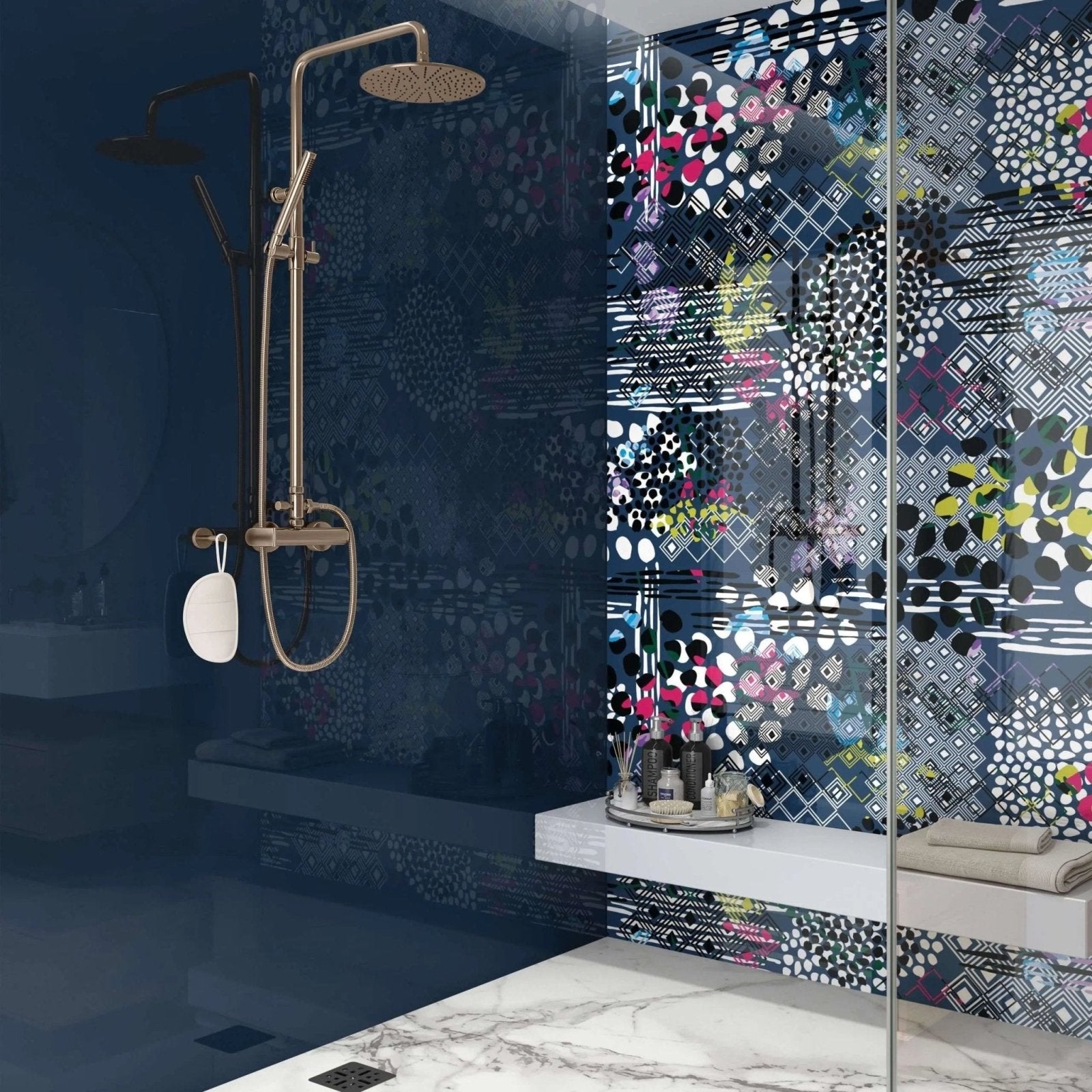 Abstract Pattern Navy Blue Wall Panel navy abstract patterned wall panel with a gold showerhead