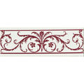 A rectangular ceramic tile with a white background and intricate burgundy acanthus floral and scrollwork design