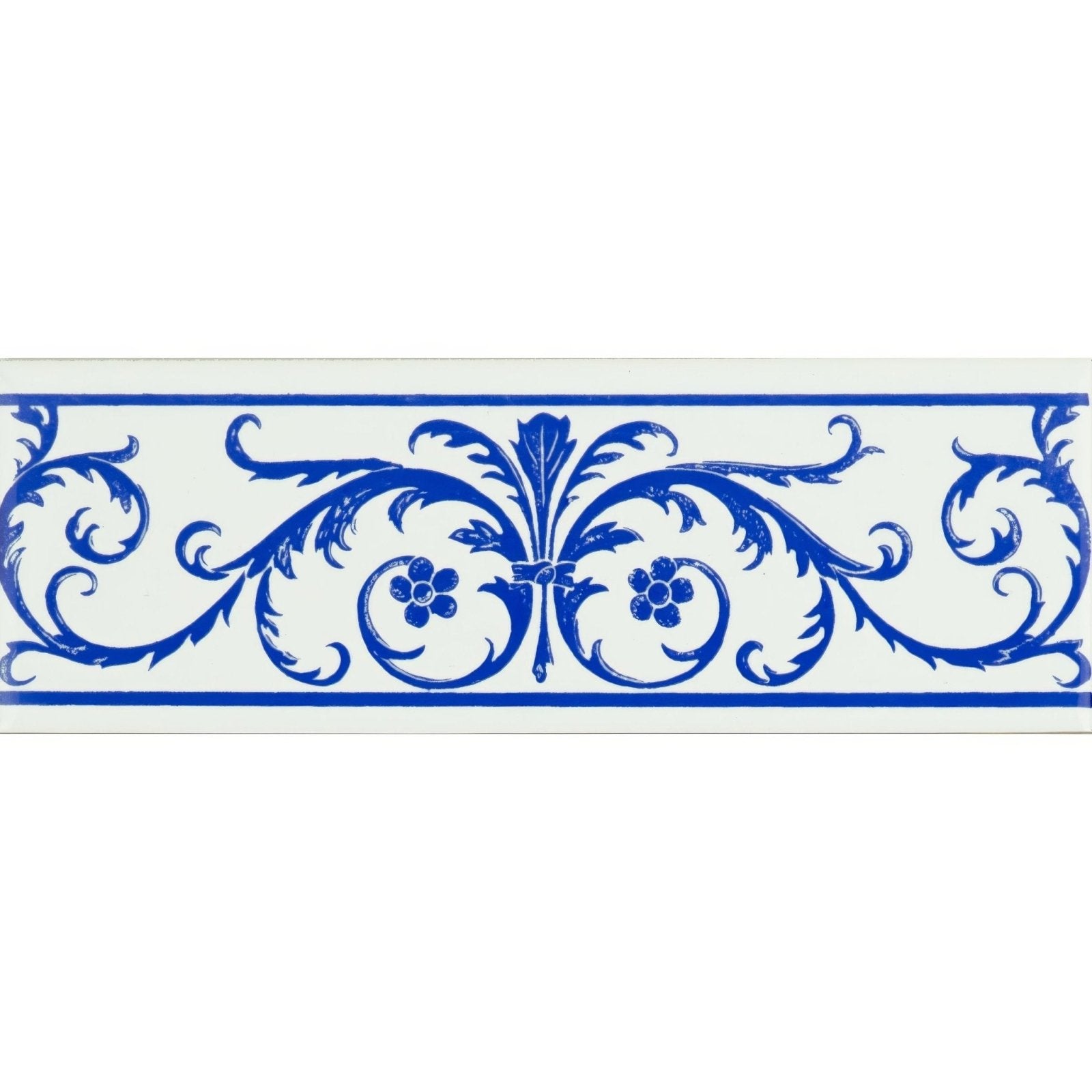 Blue and white ceramic tile with ornate acanthus floral and scrollwork design called acanthus royal blue on brilliant white