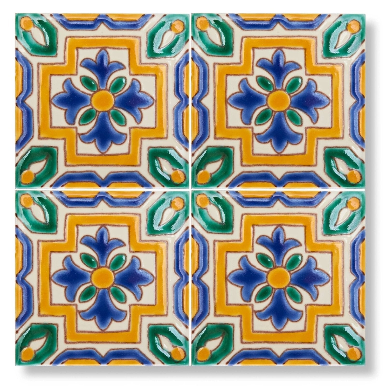 Vibrant hand-painted ceramic Acapulco Alva 10x10cm tile with symmetrical blue green and yellow floral pattern on cream background
