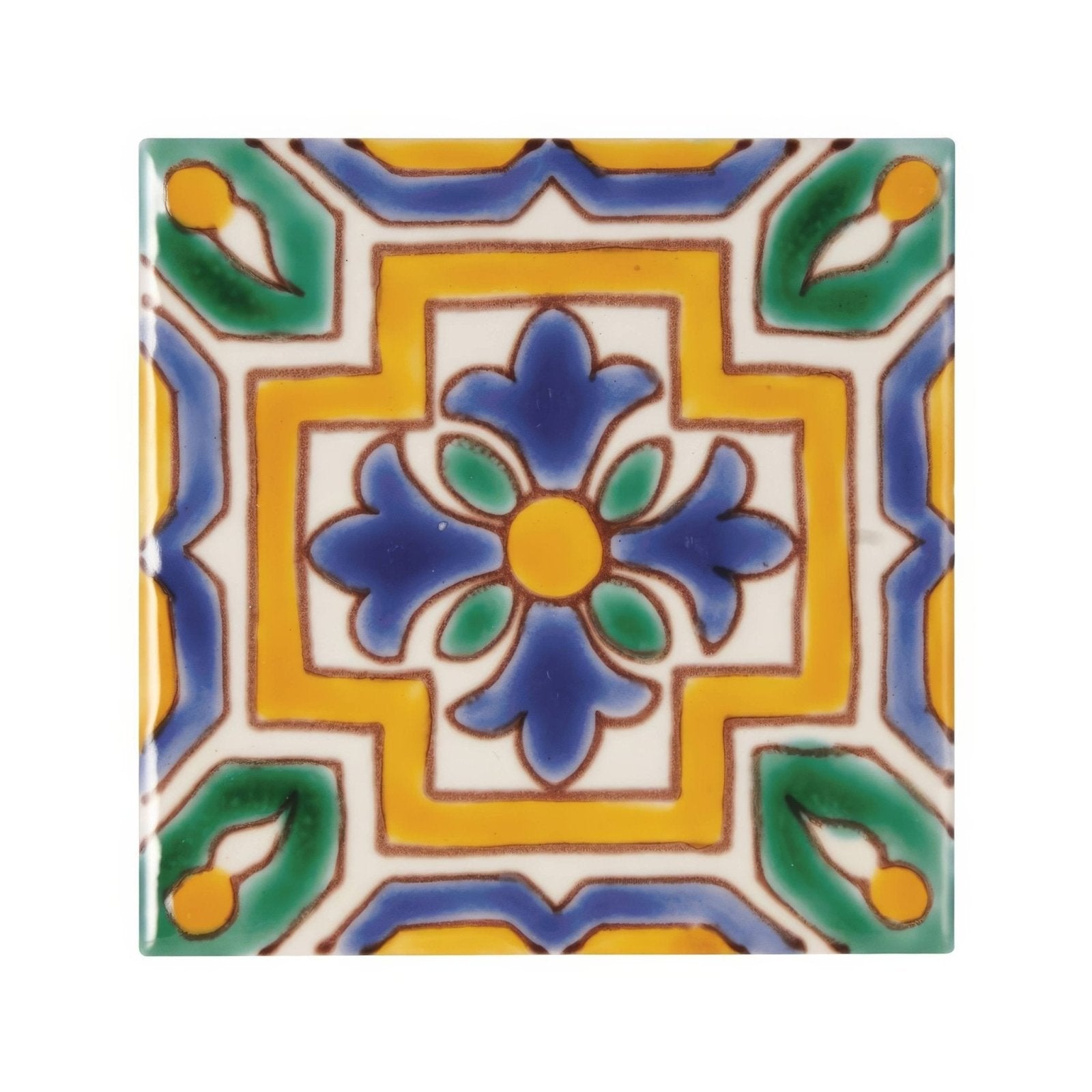 Vibrant hand-painted acapulco alva 10x10cm ceramic tile with symmetrical blue green and yellow floral design on white background