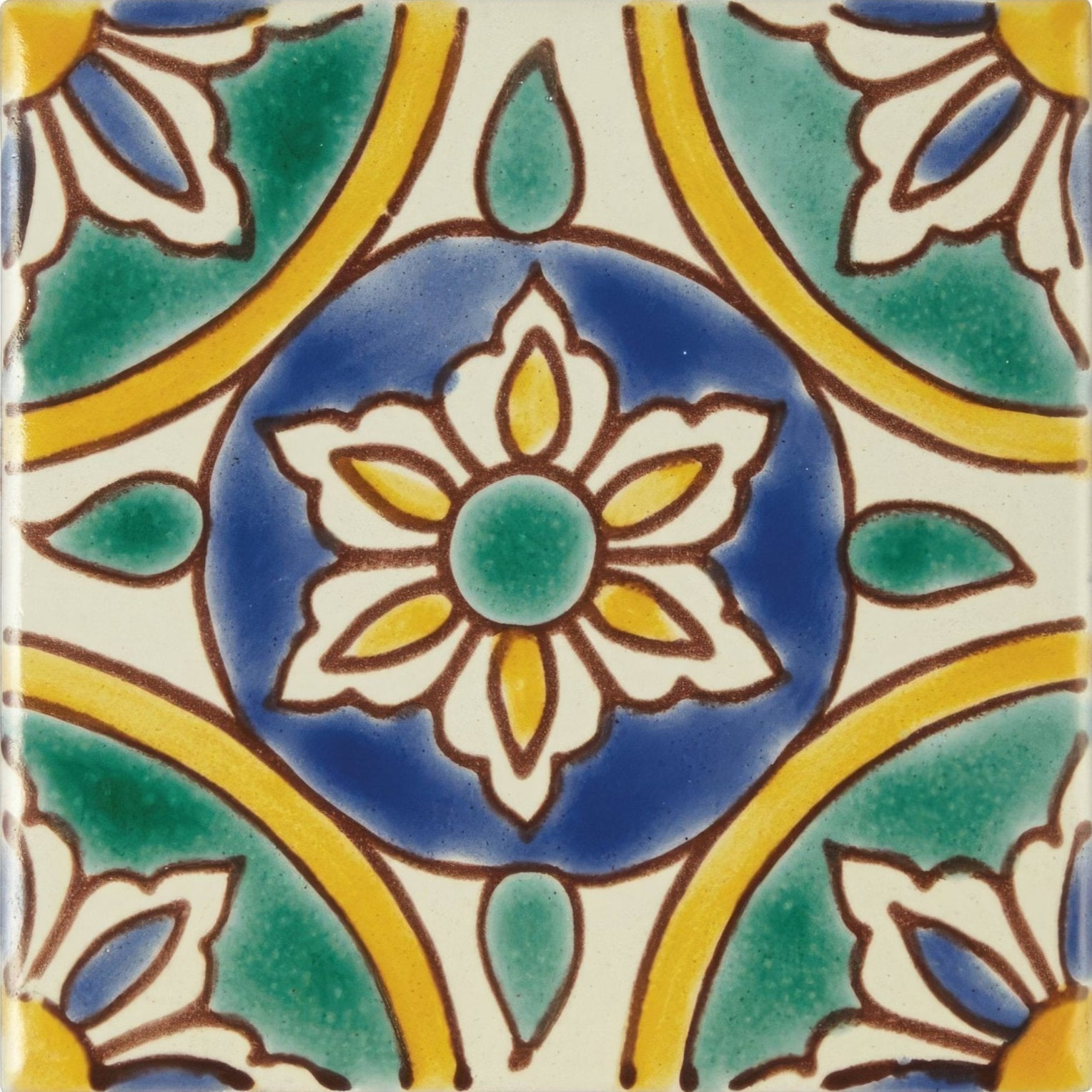 Acapulco Amaya 10x10cm square ceramic tile with vibrant hand-painted blue green and yellow floral design on cream background