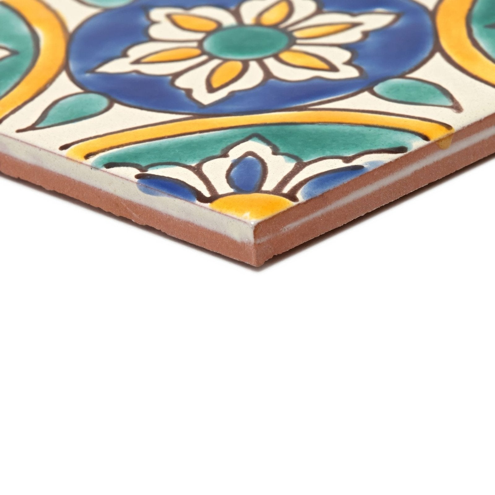 Acapulco Amaya 10x10cm hand-painted ceramic tile with blue and yellow floral design and green accents on off-white background