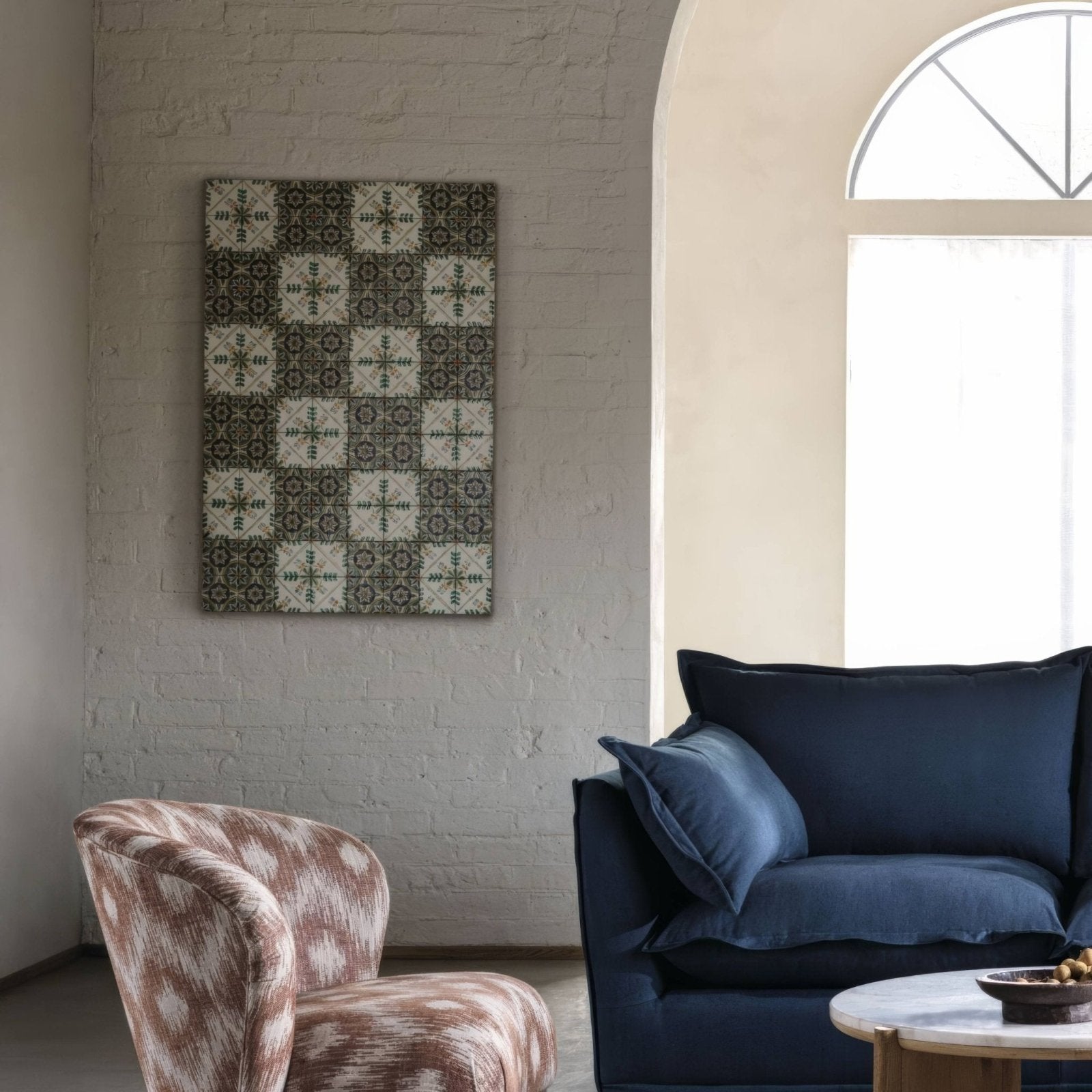 A rectangular wall hanging of acapulco amaya 10x10cm tiles featuring a grid of alternating dark and light patterns