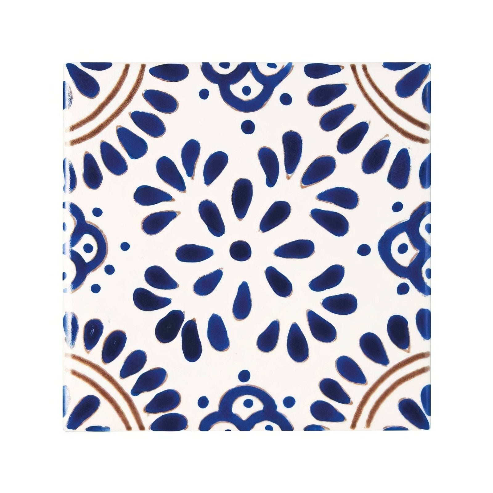 A square acapulco lozano ceramic tile 10x10cm with a white base and intricate blue and brown hand-painted floral patterns