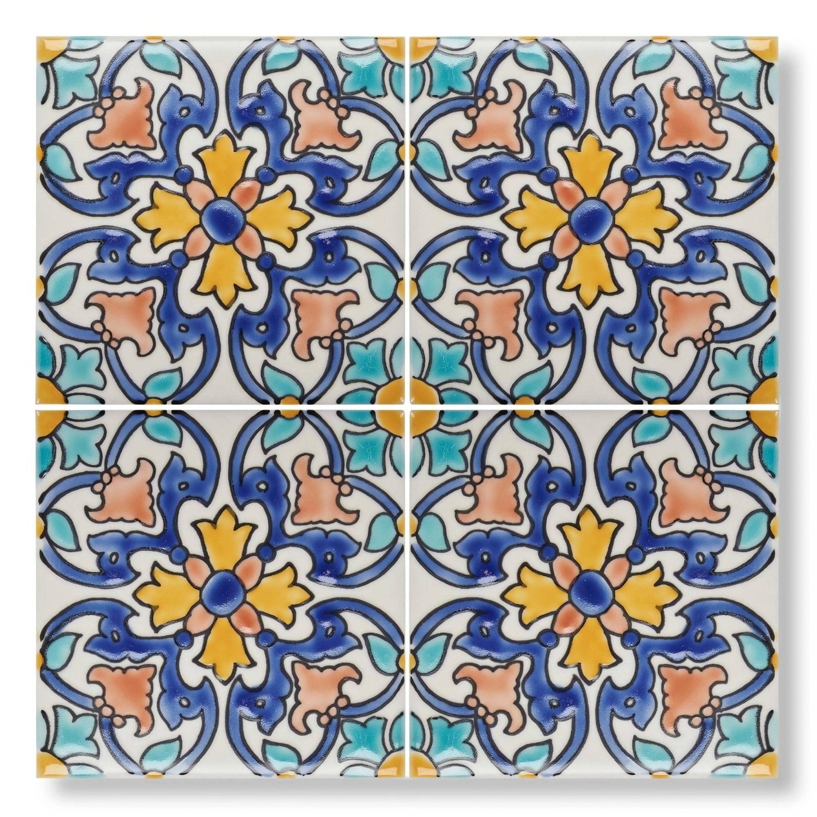 Four-square set of acapulco luna 10x10cm hand-painted ceramic tiles with vibrant blue yellow and peach floral motifs on white background