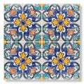 Four-square set of acapulco luna 10x10cm hand-painted ceramic tiles with vibrant blue yellow and peach floral motifs on white background