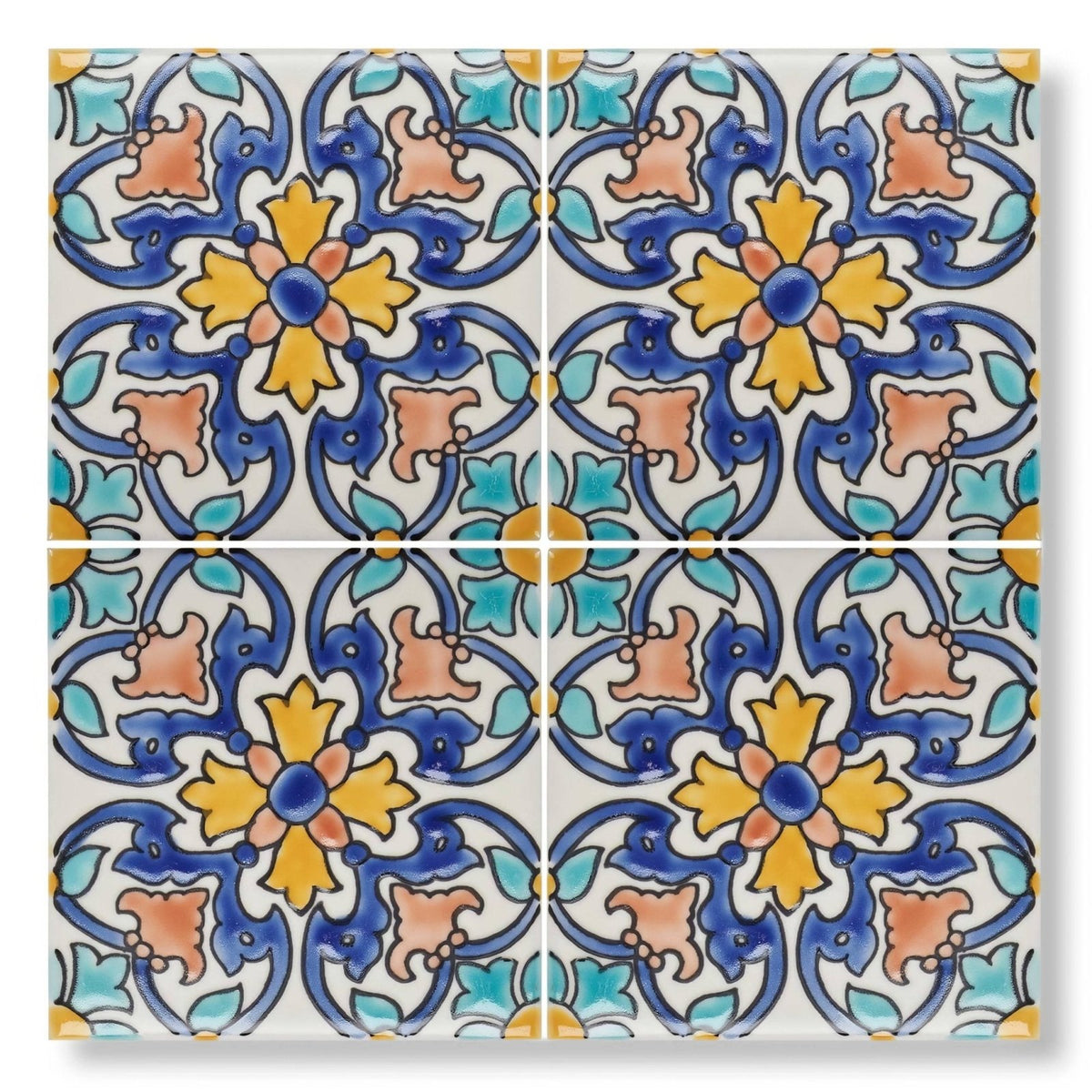 Four-square set of acapulco luna 10x10cm hand-painted ceramic tiles with vibrant blue yellow and peach floral motifs on white background