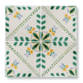 Acapulco merida 10x10cm four-square ceramic tile set with white base green and yellow floral motifs and blue accents