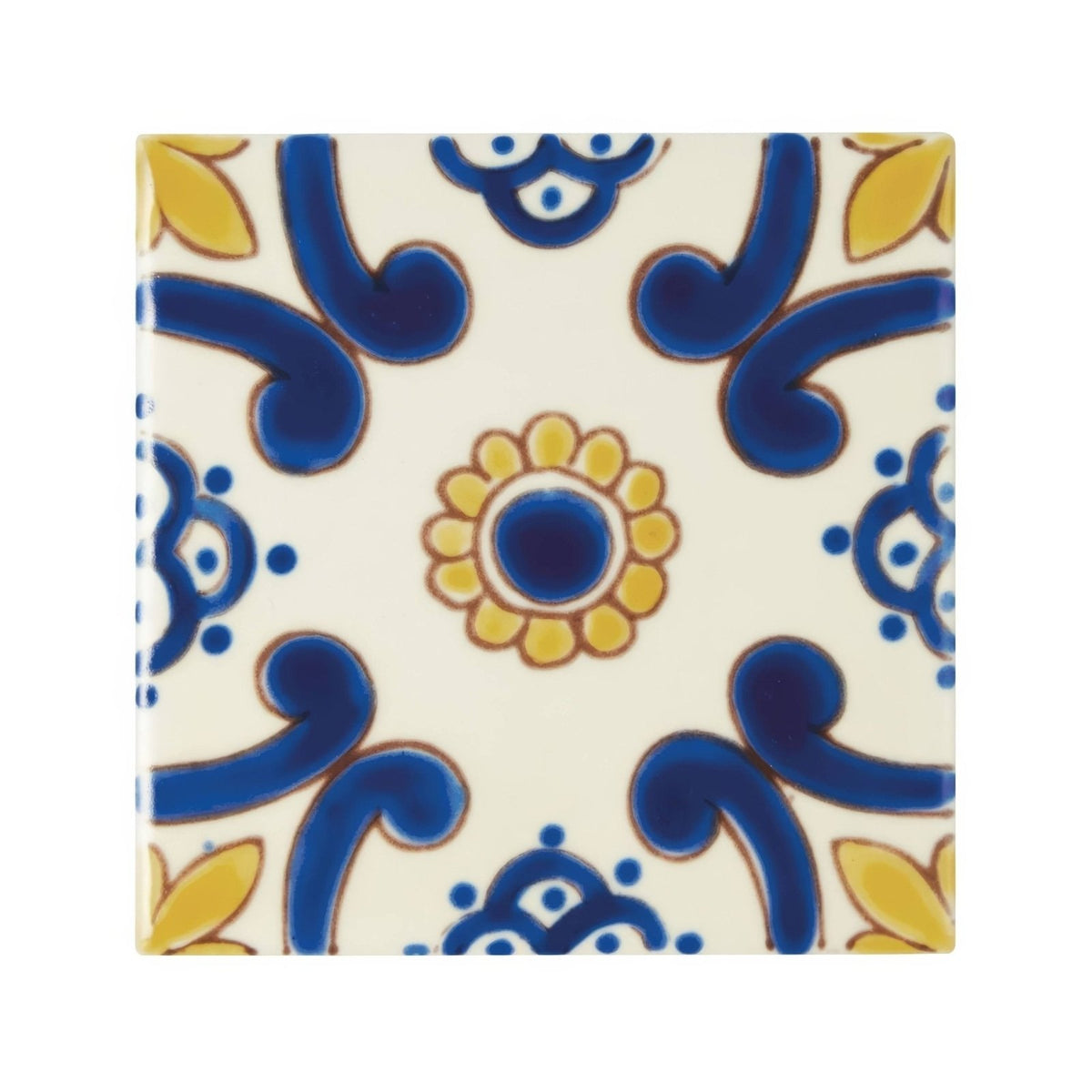 A ceramic tile acapulco ortiz 10x10cm with a cream background and intricate blue and yellow floral patterns