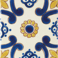 Acapulco ortiz 10x10cm blue and yellow ceramic tile with symmetrical floral pattern on off-white background