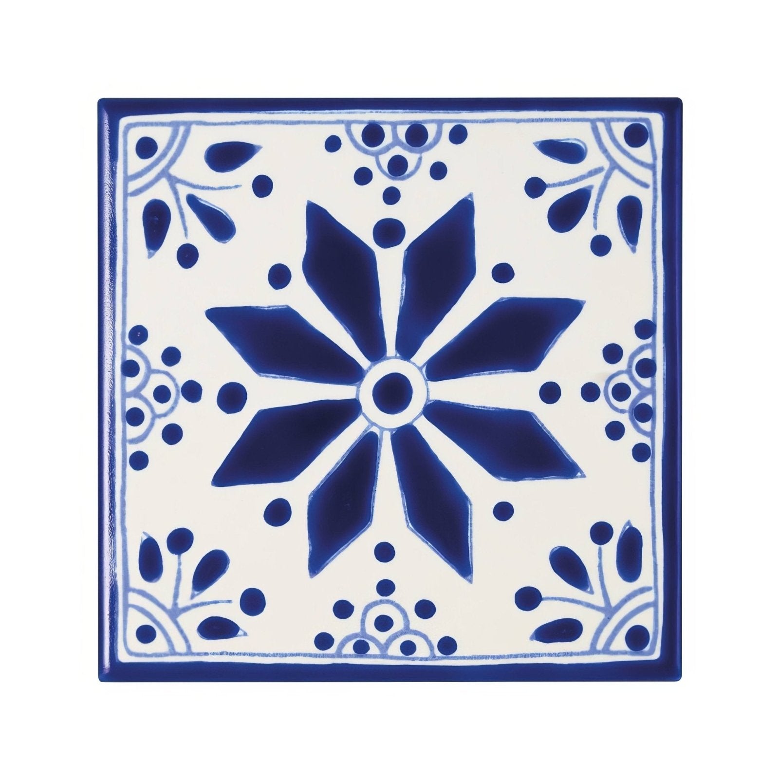 Square ceramic tile Acapulco Zenil 10x10cm with white base and deep blue hand-painted floral starburst design