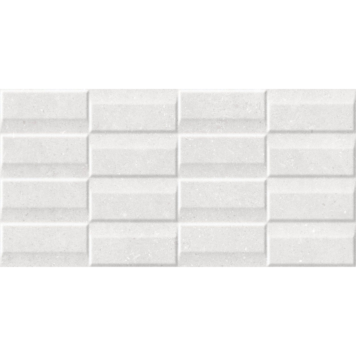 White rectangular ceramic tiles acorn white exact decor with subtle texture and raised edges in a grid pattern