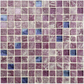 Actamira glass and stone mosaic with purple and blue glittery textured square tiles arranged in a grid pattern
