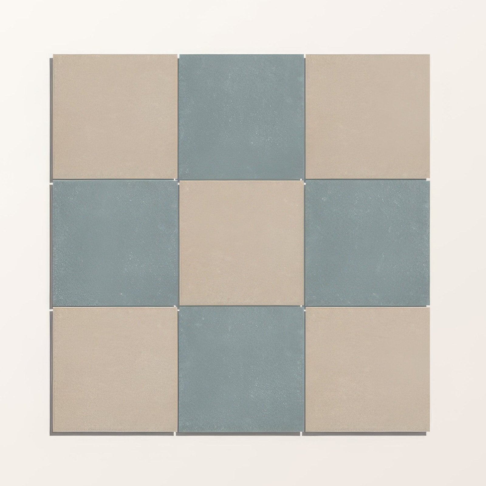 Square ceramic adventuras blue field porcelain tiles in a checkerboard pattern with muted sage green and beige tones