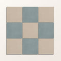 Square ceramic adventuras blue field porcelain tiles in a checkerboard pattern with muted sage green and beige tones