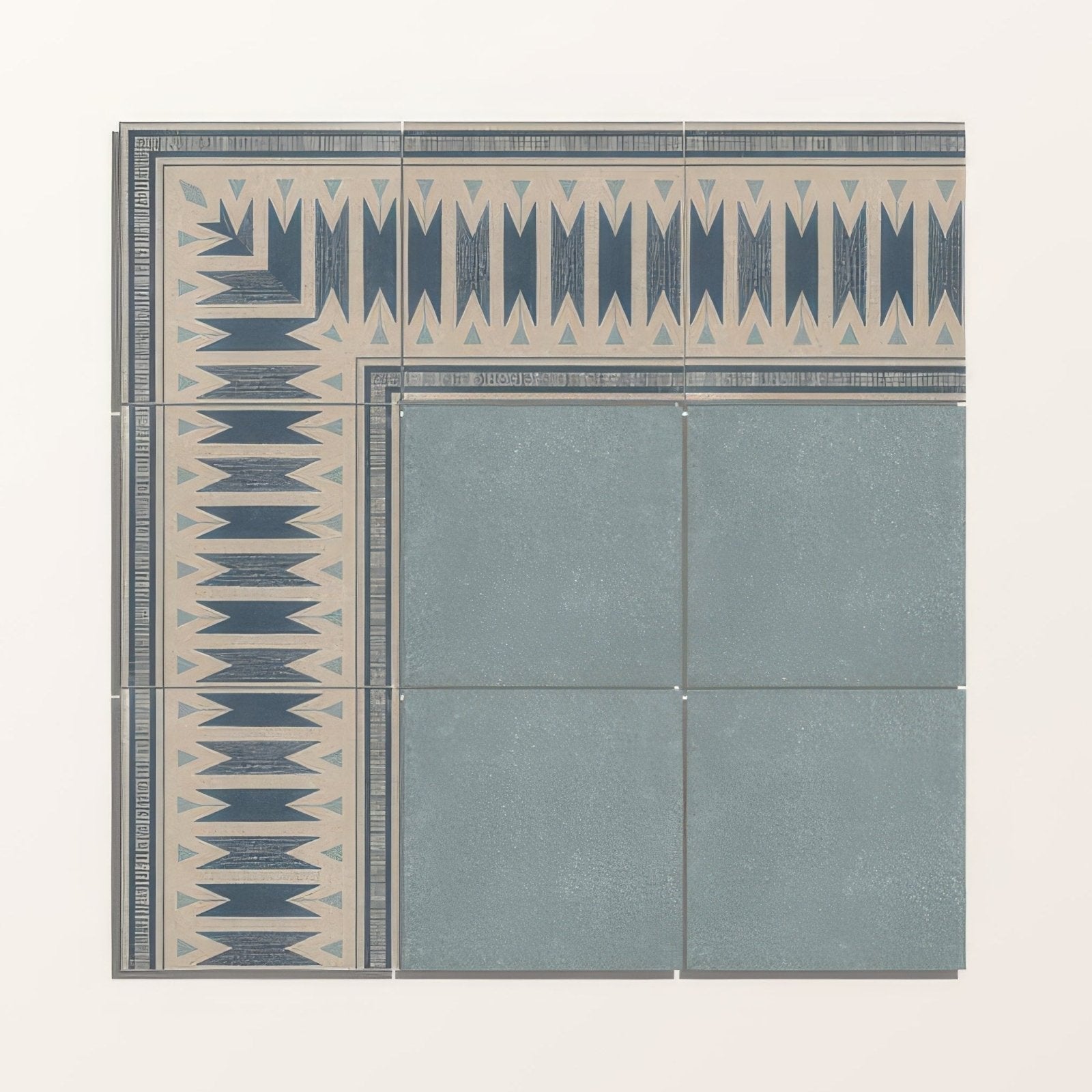 Set of four navy blue and beige geometric patterned porcelain tiles with textured surfaces called Adventuras Blue Field Porcelain