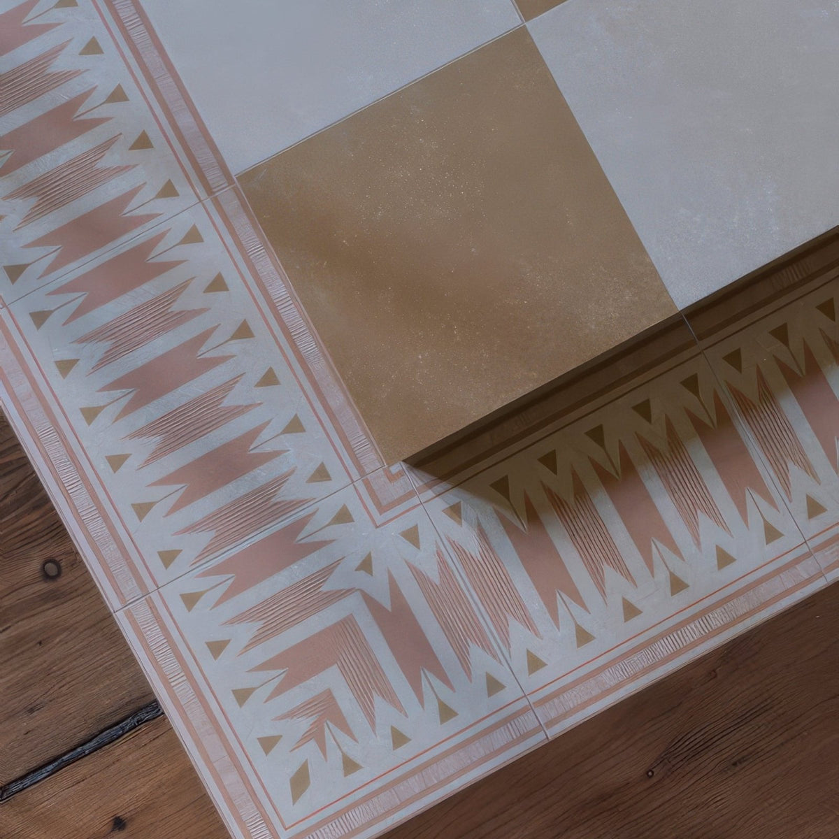 Beige and white geometric patterned adventuras linen field porcelain floor tiles with decorative border for indoor use