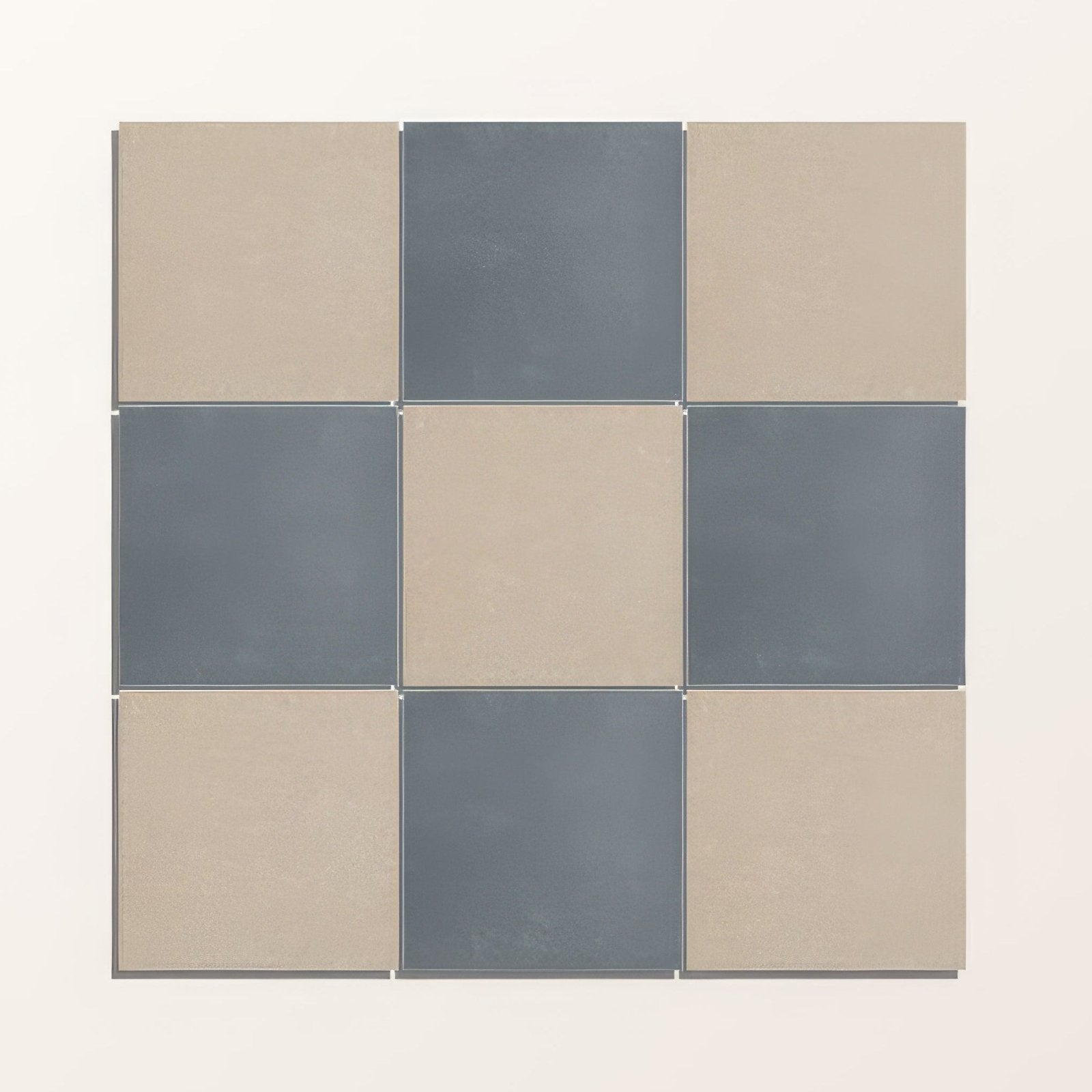 Adventuras linen field porcelain nine square tiles in a 3x3 grid with beige and slate gray matte finishes