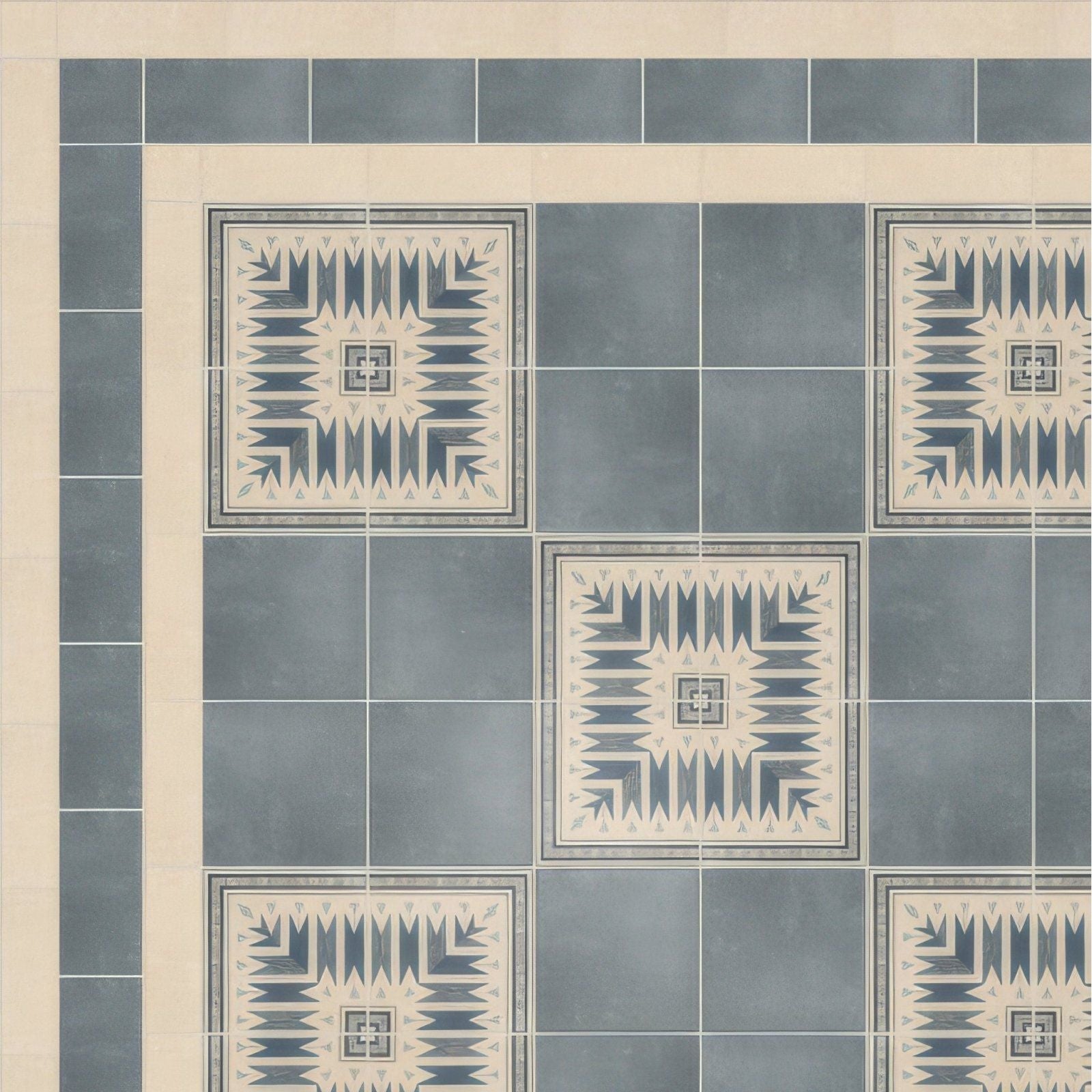 Blue and cream geometric patterned adventuras linen field porcelain floor tiles with a vintage-inspired design