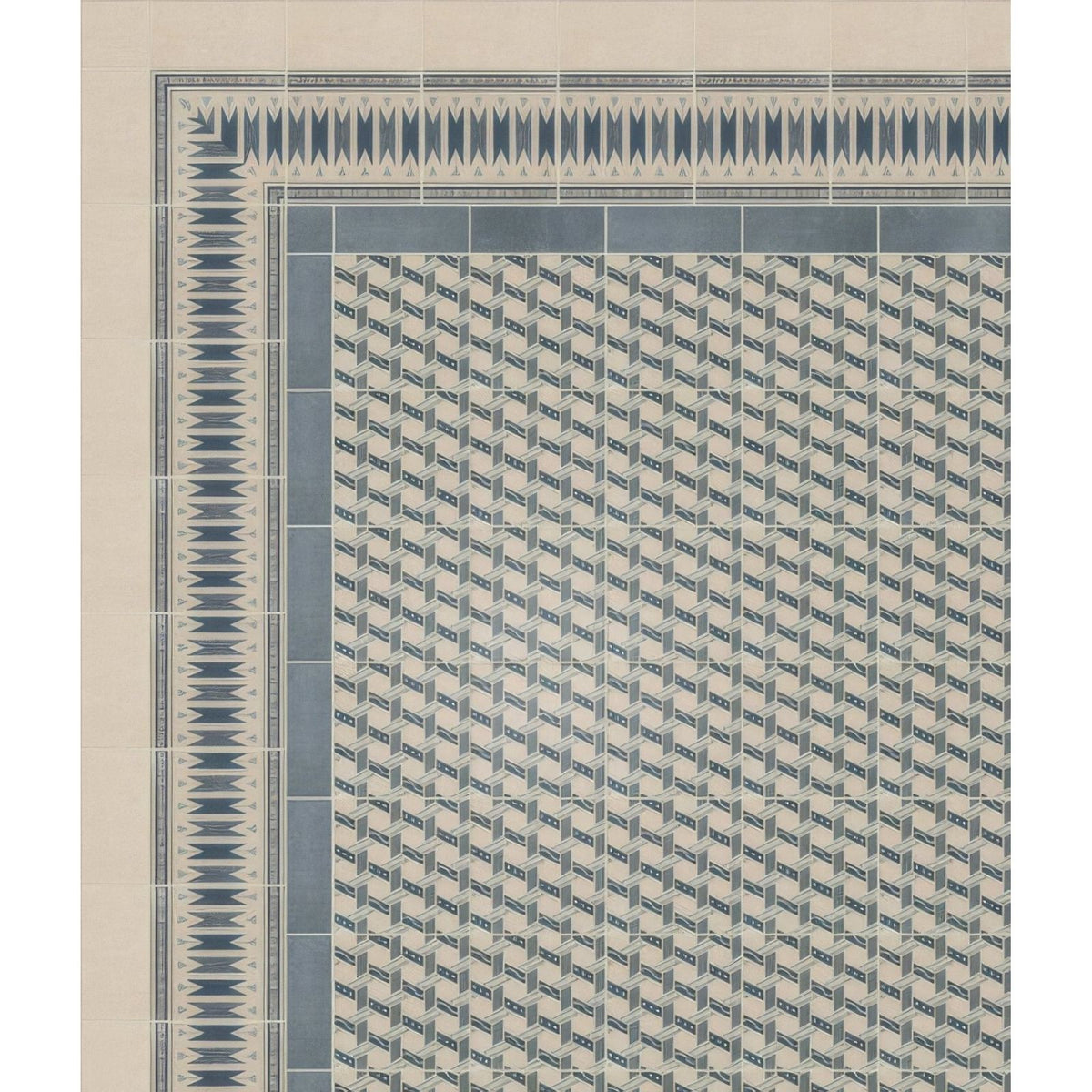 Beige and gray geometric patterned adventuras malla blue porcelain tile with decorative border in porcelain material
