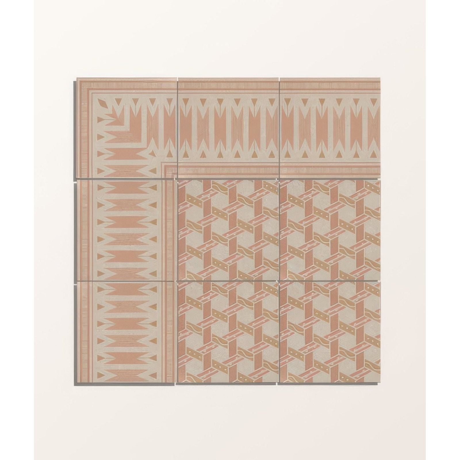 Six square adventuras malla terracotta porcelain tiles with geometric patterns in muted terracotta cream and metallic accents