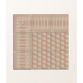 Six square adventuras malla terracotta porcelain tiles with geometric patterns in muted terracotta cream and metallic accents