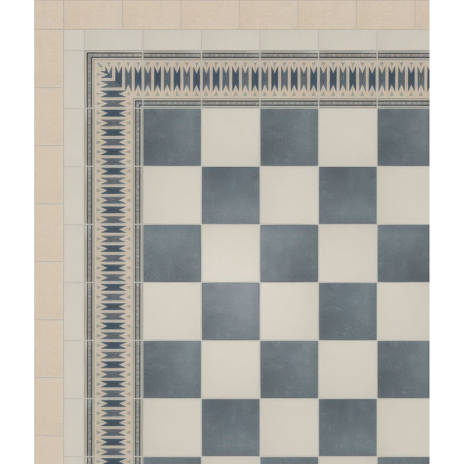 Adventuras navy field porcelain floor tile with blue and white checkered pattern and ornate border design
