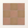 A square arrangement of nine matte finished adventuras ochre field porcelain tiles in terracotta and muted brown tones