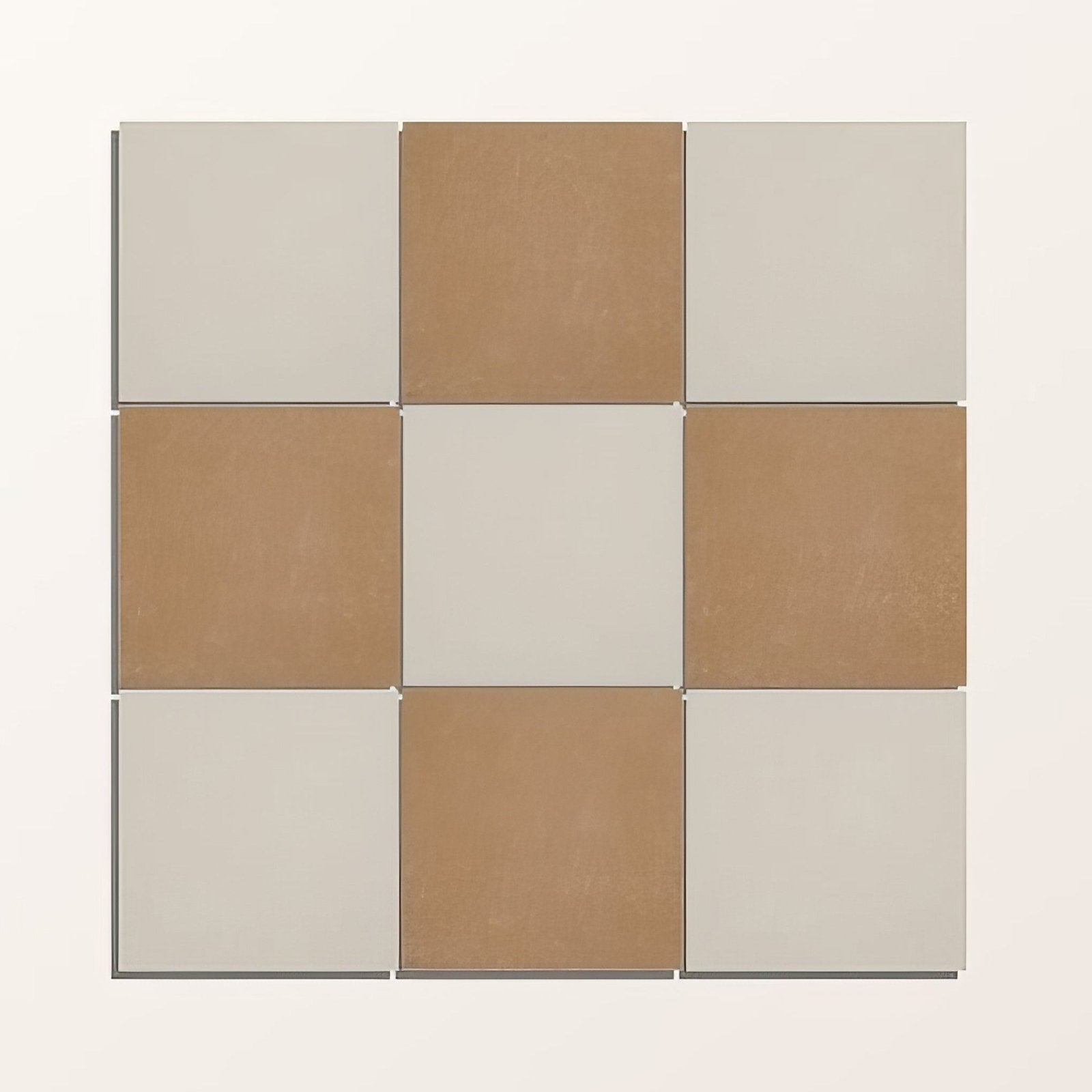 Nine adventuras ochre field porcelain tiles arranged in a 3 by 3 grid alternating matte beige and warm tan colors