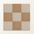 A minimalist nine-square tile mosaic of matte beige and warm tan adventuras ochre field porcelain tiles in a grid pattern