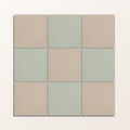 Nine square adventuras olive field porcelain tiles in muted beige and sage green with smooth matte finish arranged in a grid