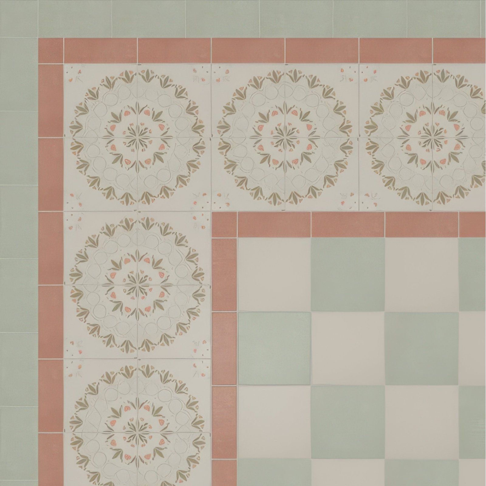 Adventuras olive field porcelain wall tiles in pastel green and terracotta with decorative sage blush pink and gray patterns