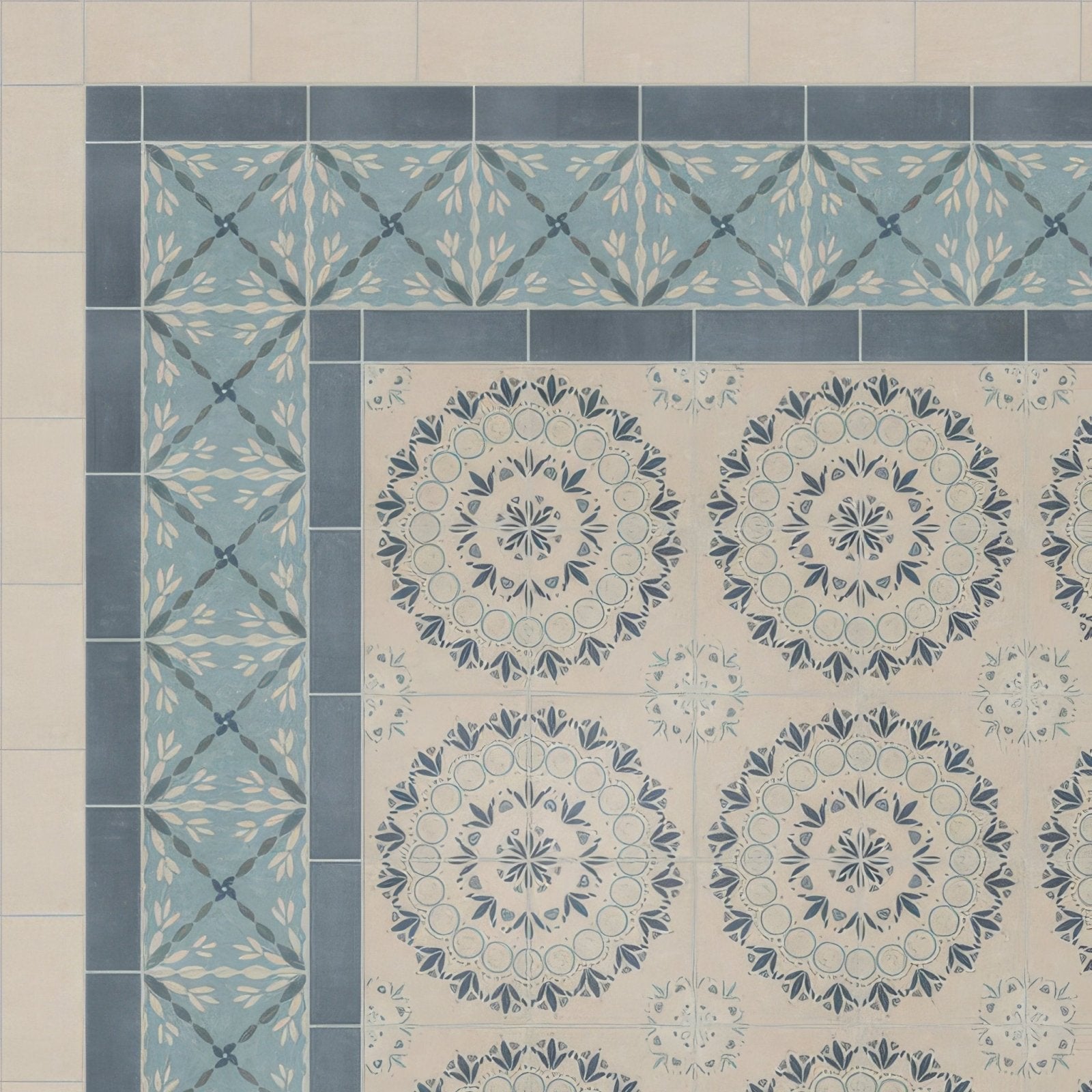 Beige and blue patterned ceramic floor tiles with intricate floral mandala designs from adventuras palma blue porcelain