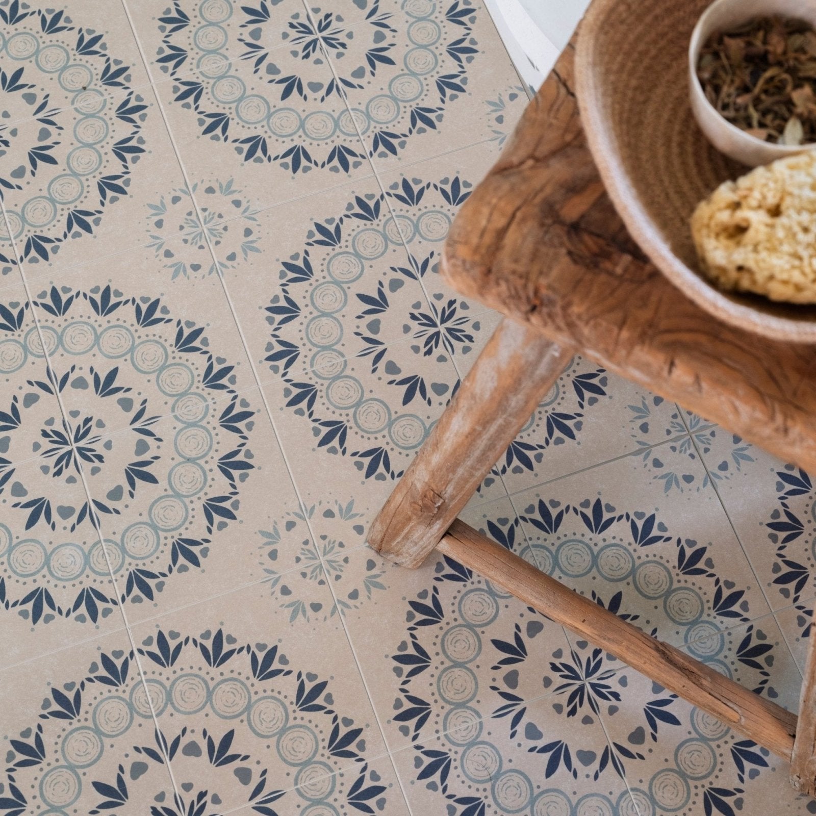 Beige Adventuras Palma Blue porcelain floor tiles with intricate blue and gray floral mandala patterns